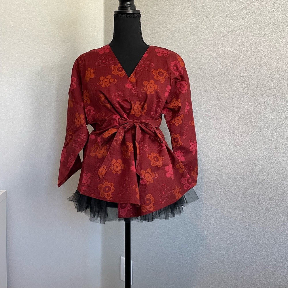 Gudrunsjoden linen wrap top with attached tie, deep red, size S (runs large)